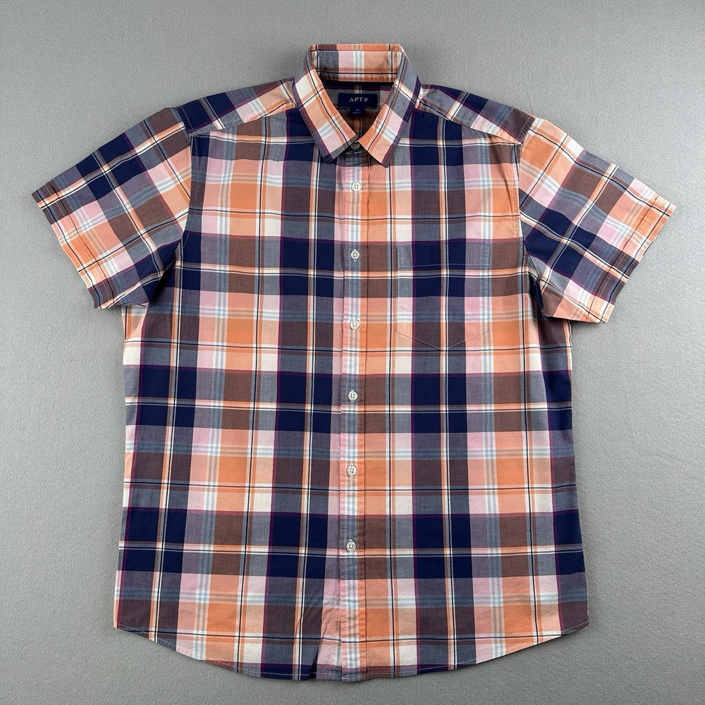 Apt. 9 Peach Blue Plaid Stretch Cotton Short Sleeve Men's Size M Button Up Shirt